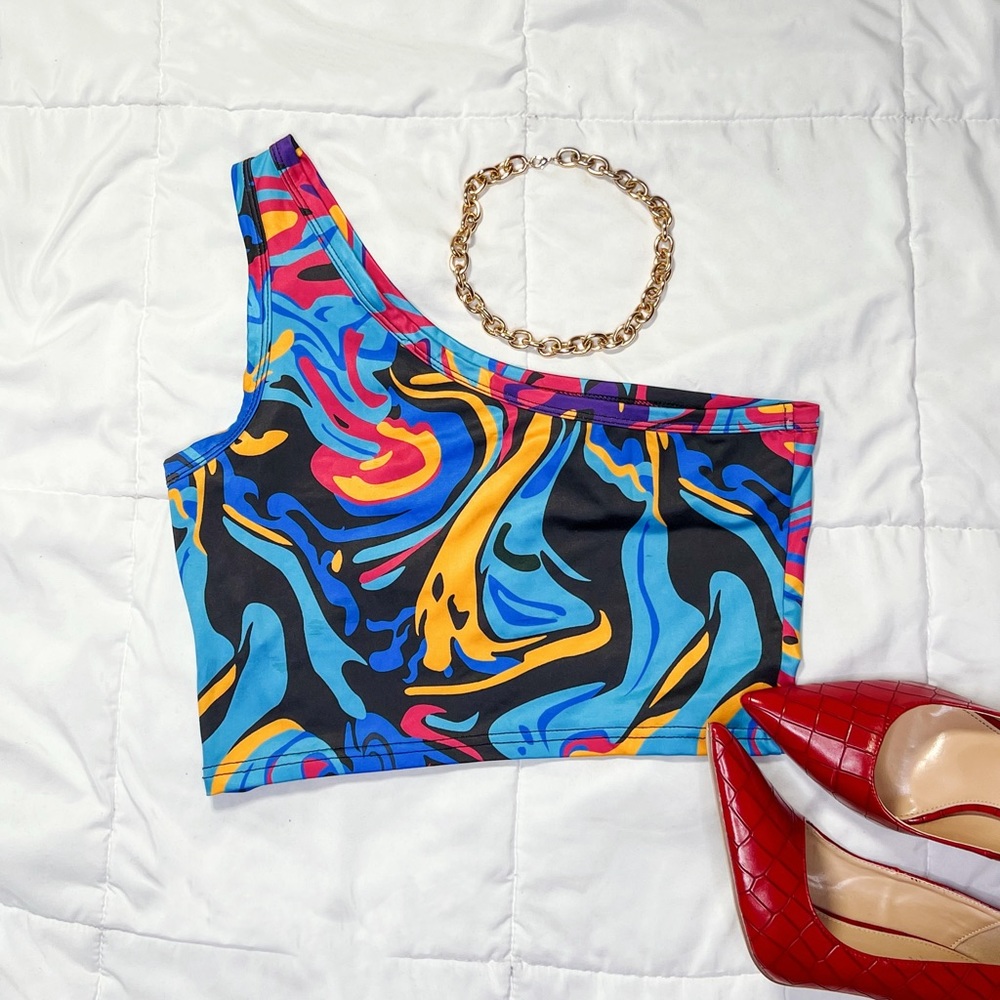 Shein One Shoulder Marble Print Crop Top